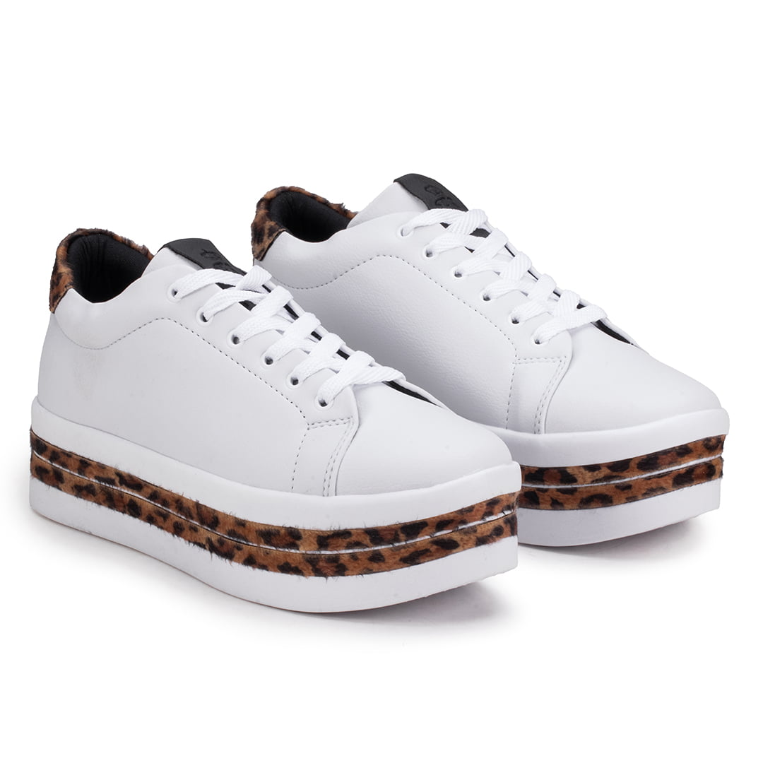 Tênis Feminino Plataforma Animal Print Branco Onça