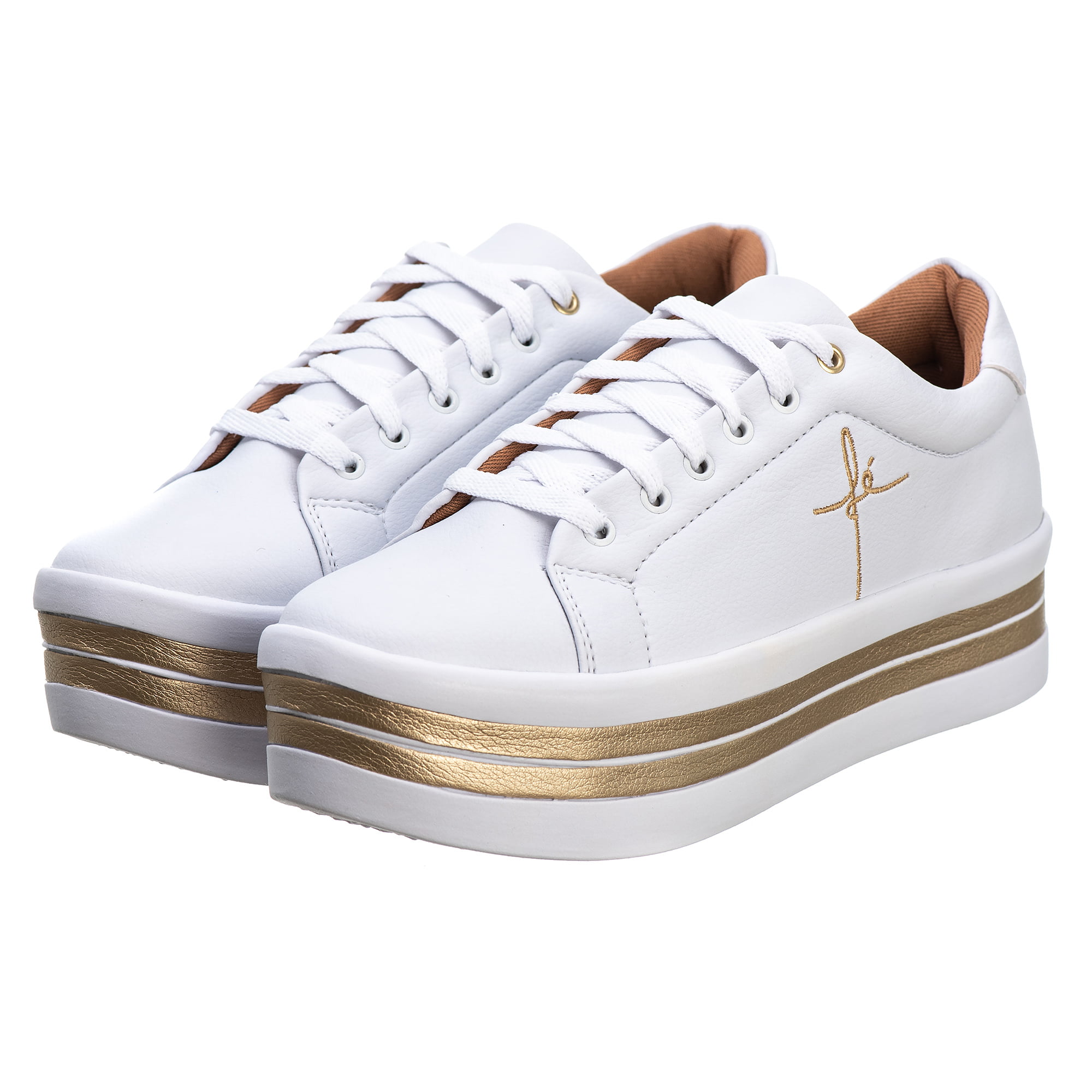 Tênis Feminino Branco Com Dourado Bordado Fé Plataforma Flatform Com Tiras