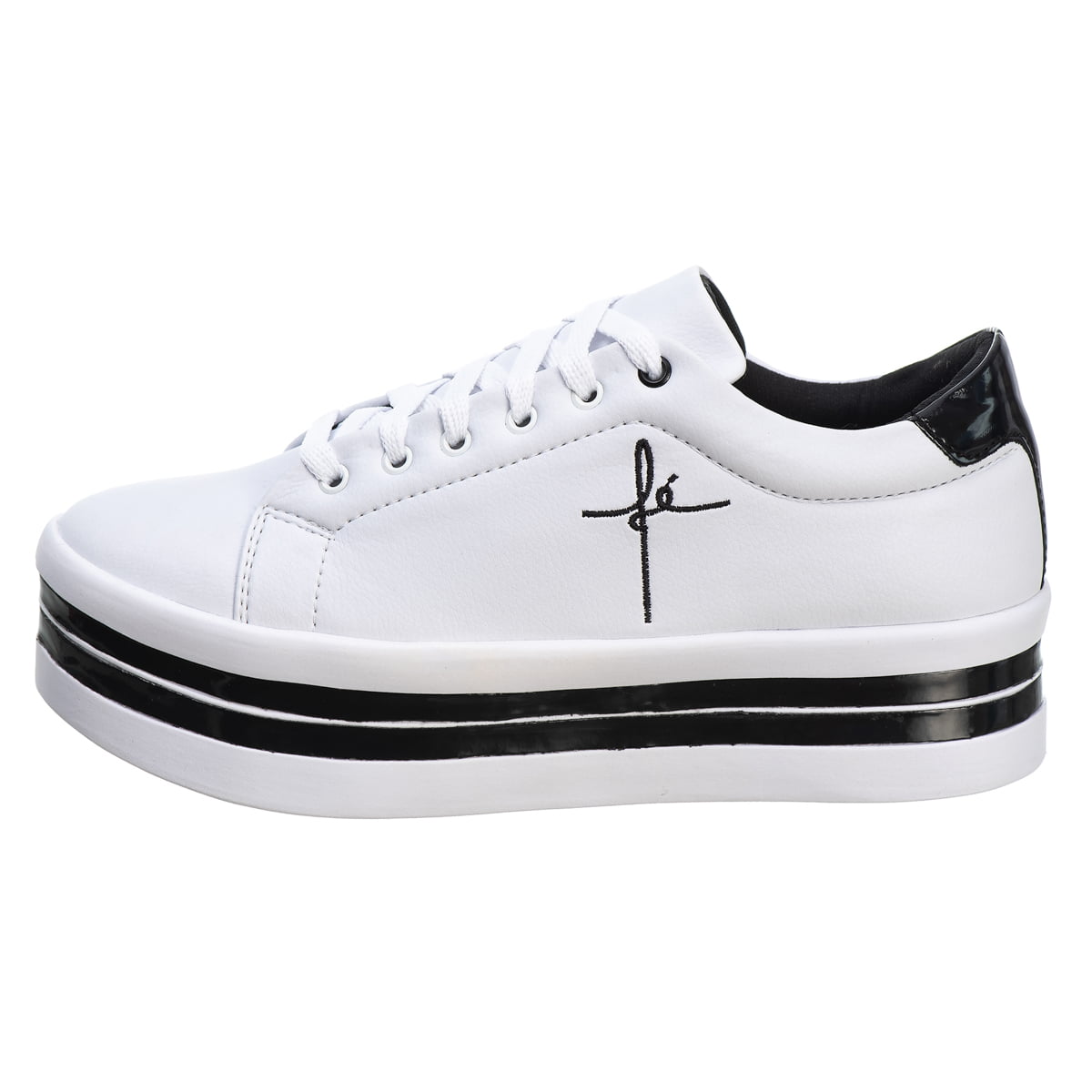 Tênis Feminino Branco Bordado Fé Plataforma Flatform Com Tiras