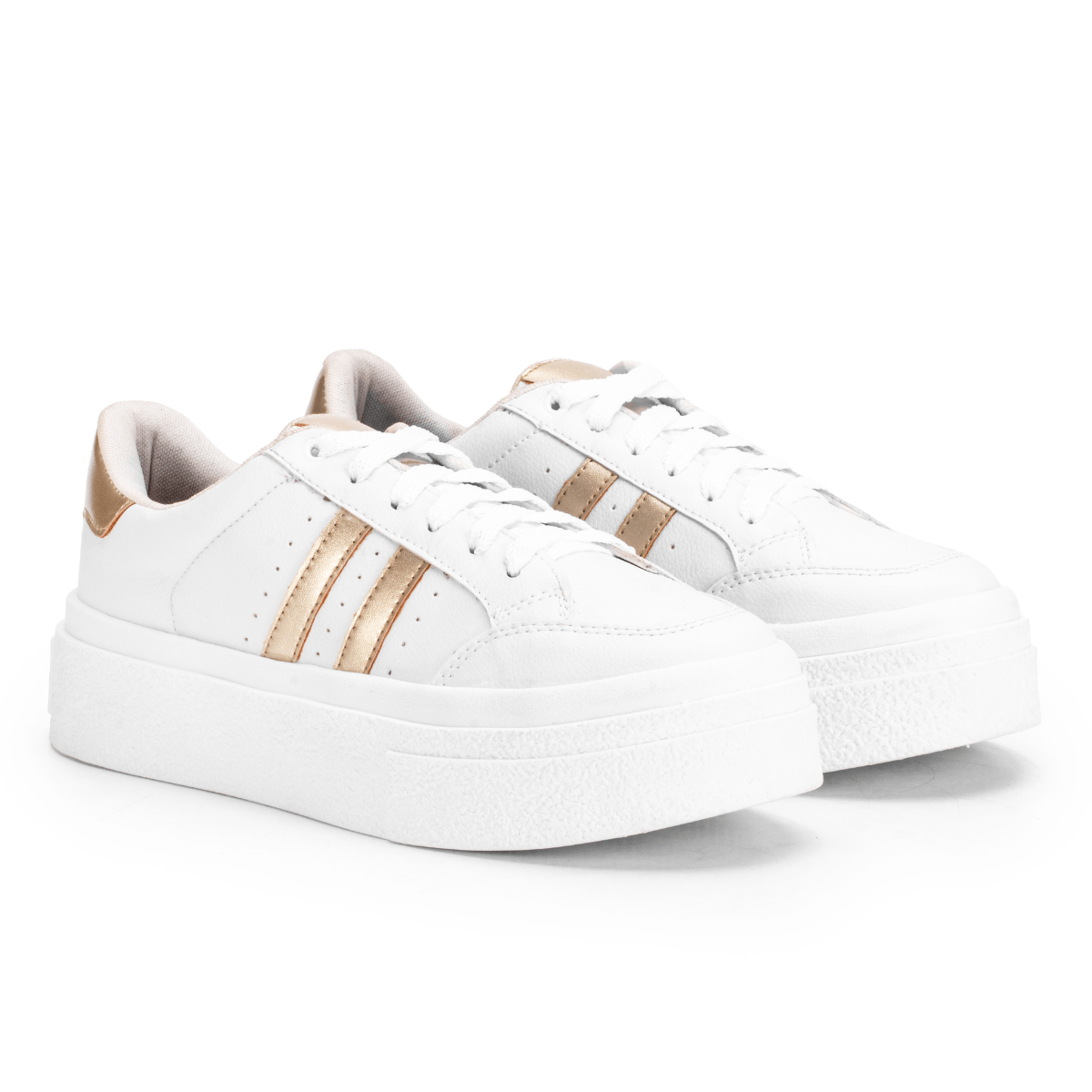 Tenis Feminino Sapatenis Sola Alta Listras Dourado Casual Original